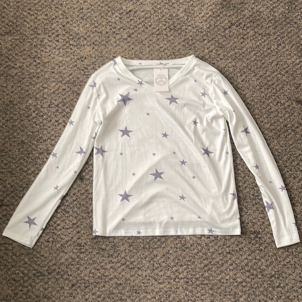 Floral Blooming White Long Sleeve Top with Light Indigo Stars